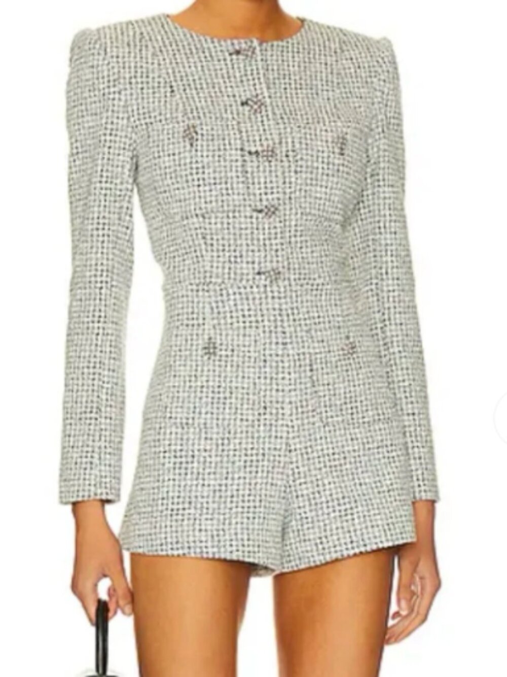 Alice + Olivia Shiloh Houndstooth Tweed Patch Pocket Romper Size 4 Black White